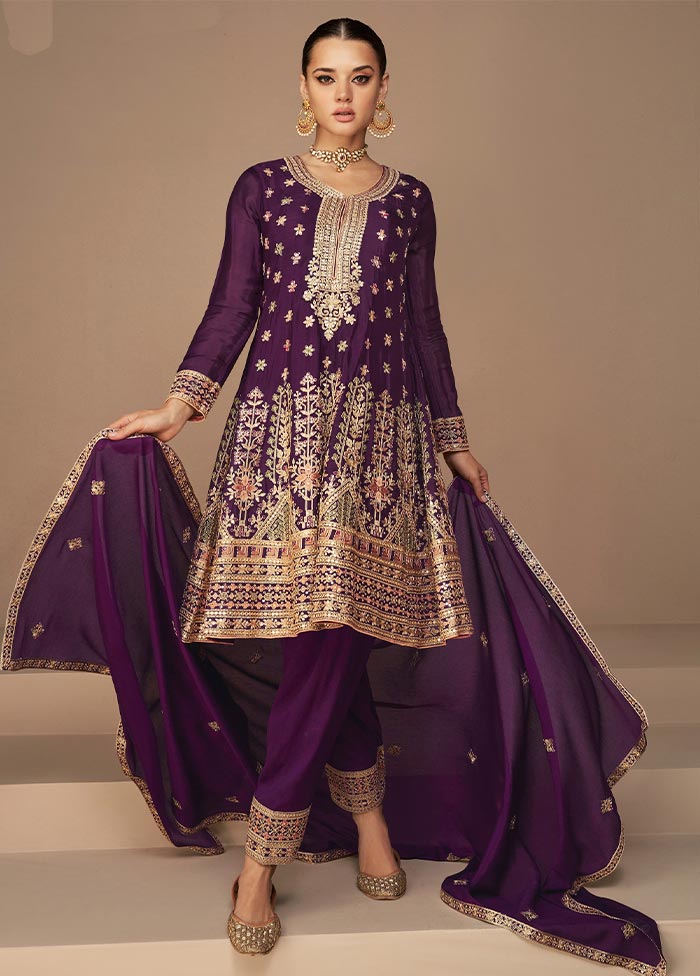 3 Pc Purple Semi Stitched Georgette Suit Set Brand New Unisex