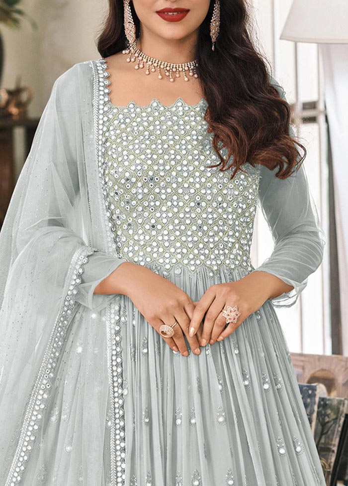 3 Pc Grey Semi Stitched Georgette Suit Set Pay With Visa Sale Online