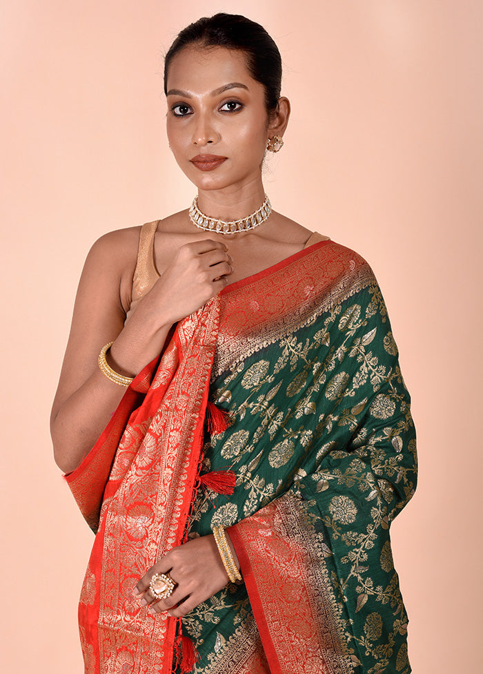 Green Dupion Silk Saree With Blouse Piece Brand New Unisex Cheap Online