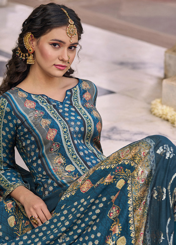 3 Pc Navy Blue Unstitched Silk Suit Set Latest Collections