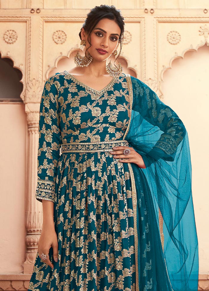 3 Pc Teal Semi Stitched Silk Suit Set Cheap Sale Online