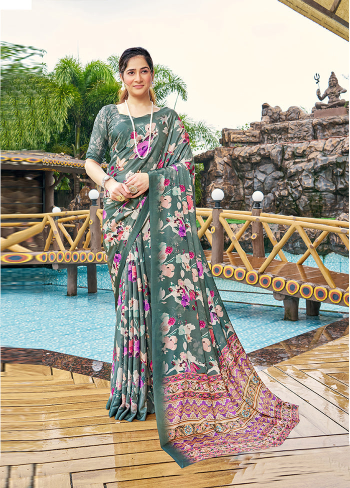 Teal Green Crepe Silk Saree With Blouse Piece Discounts Sale Online