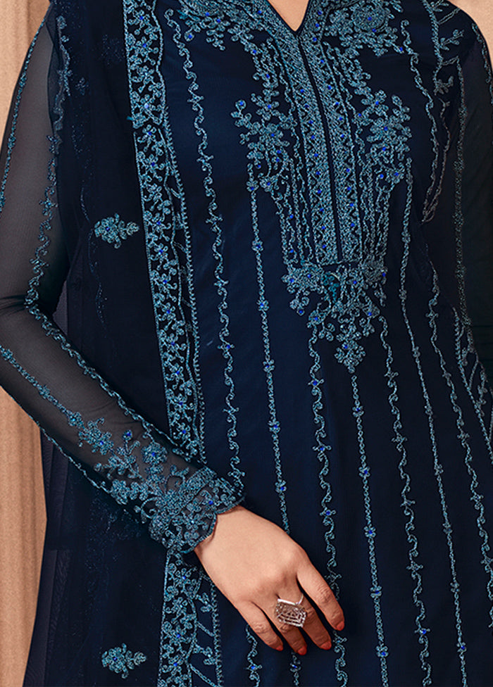 3 Pc Navy Blue Unstitched Net Suit Set Online Shop From China