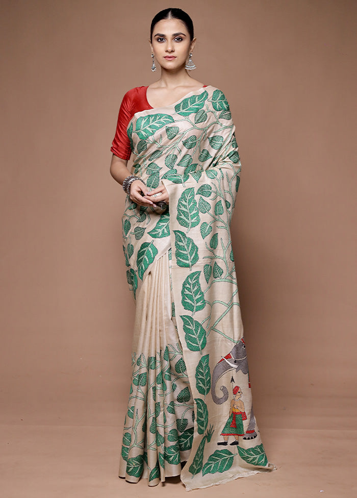 Cream Handloom Kantha Stitch Pure Silk Saree With Blouse Piece Free Shipping Comfortable