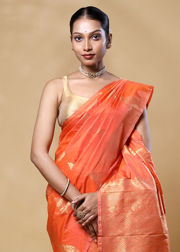 Orange Kanjivaram Silk Saree With Blouse Piece Shop For Sale