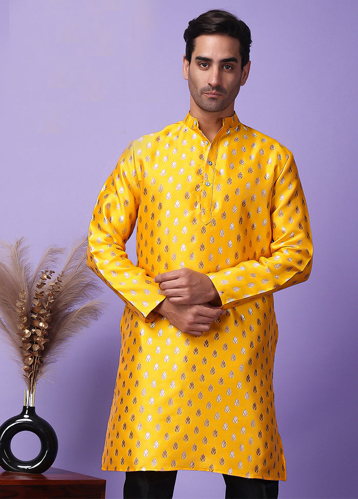 Yellow Silk Jacquard Knee Length Kurta Low Pice Fee Shipping Online