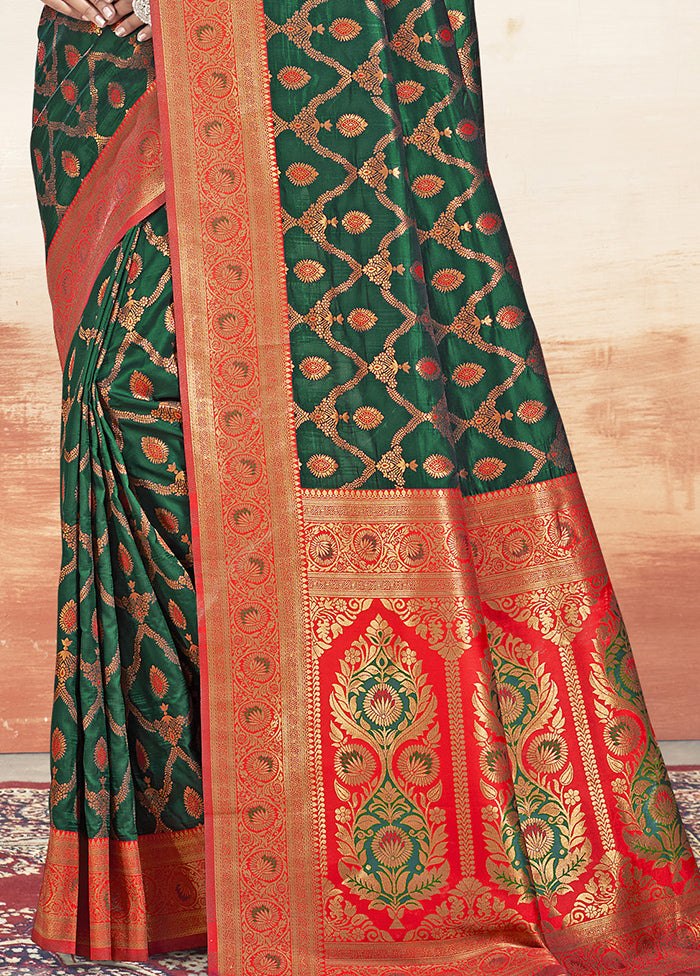 Bottle Green Dupion Silk Saree With Blouse Piece Cheap Sale New Arrival