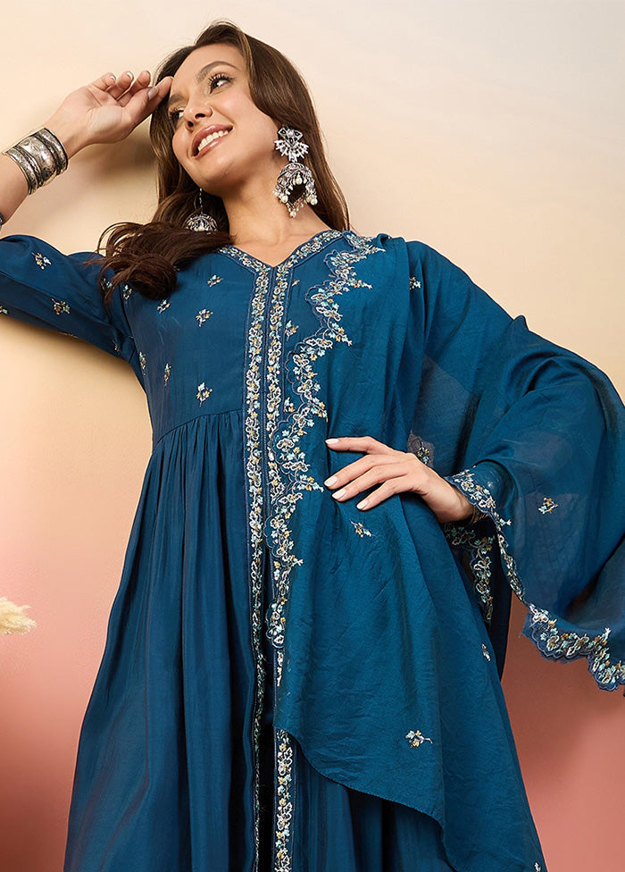 3 Pc Blue Pure Readymade Silk Suit Set Many Kinds Of Cheap Pice