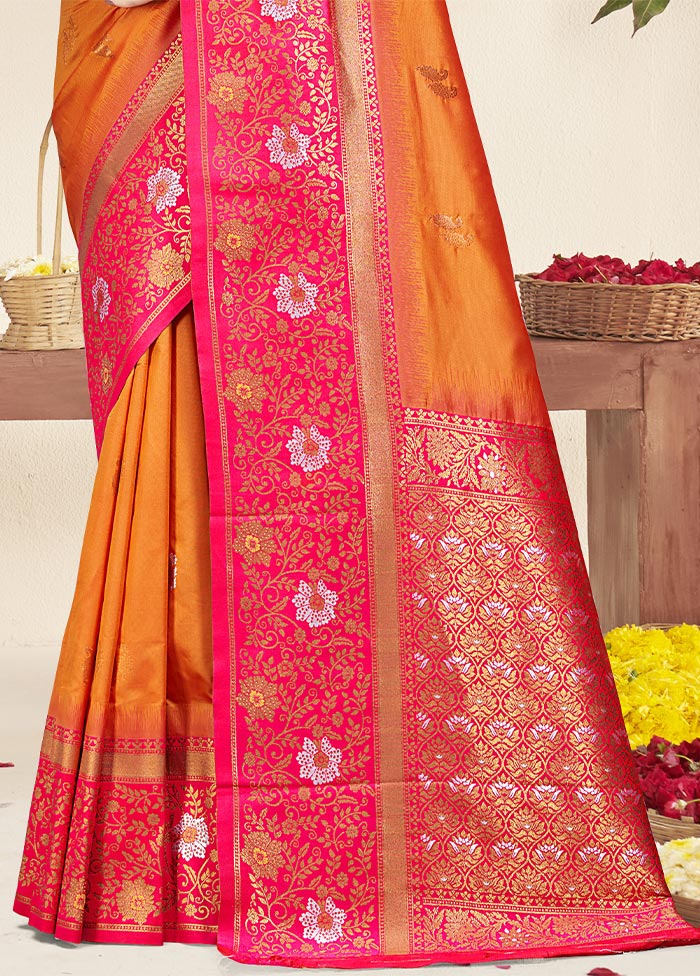 Orange Dupion Silk Saree With Blouse Piece Cheap Sale Pictures