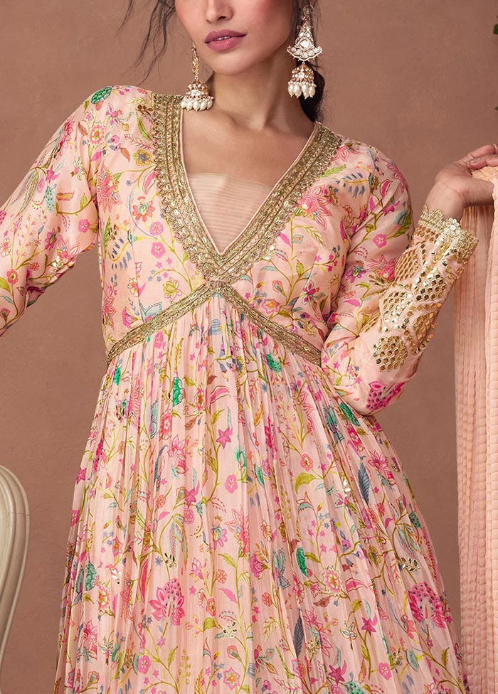 3 Pc Light Peach Semi Stitched Silk Suit Set Discount Store