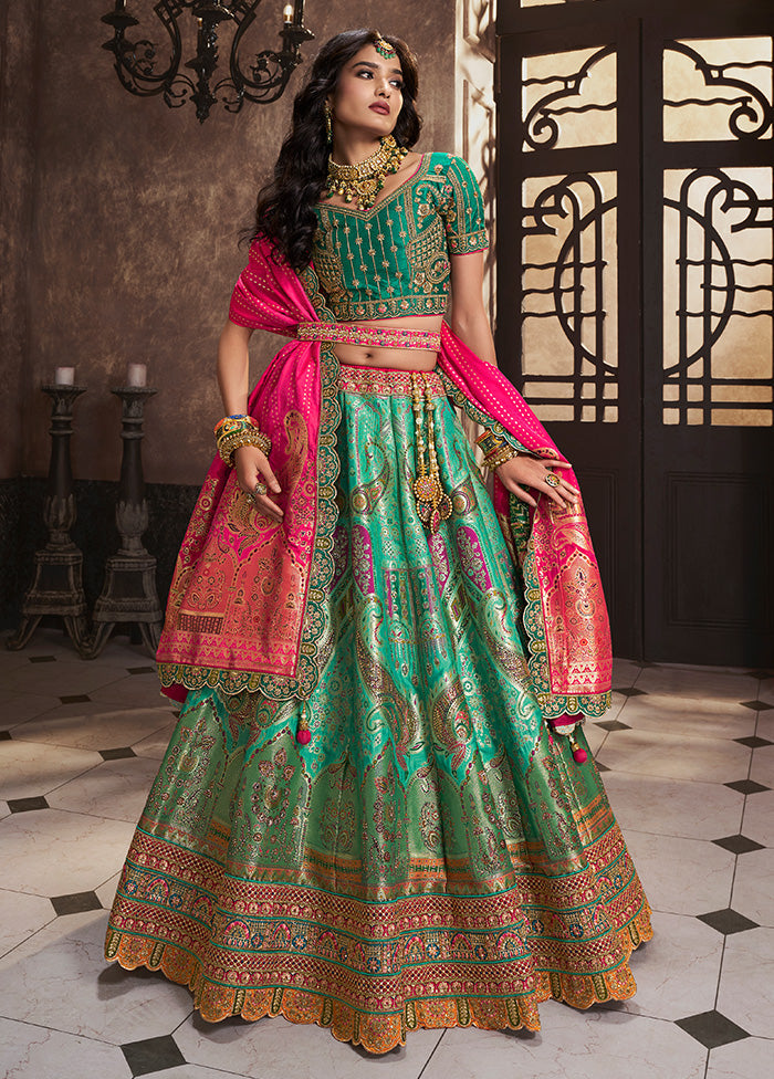 3 Pc Green Silk Semi Stitched Lehenga Set Cheap Online Store Manchester