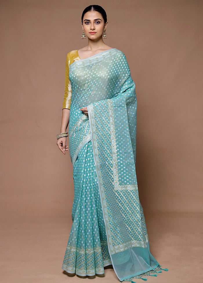 Blue Kora Silk Saree With Blouse Piece Sale In China