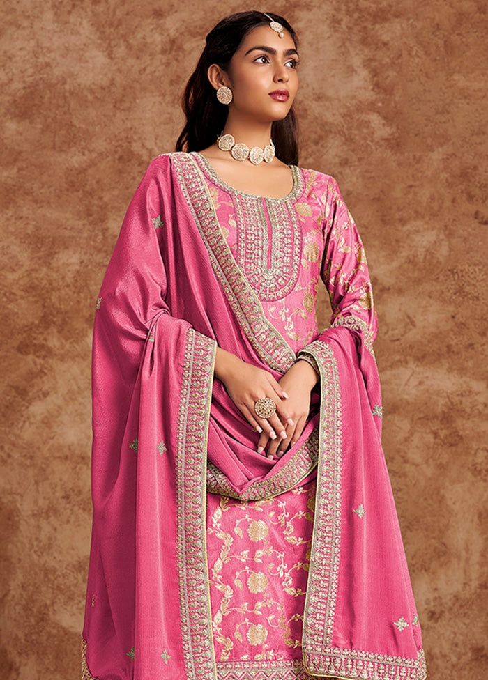 3 Pc Pink Semi Stitched Silk Suit Set Best Pices Cheap Pice