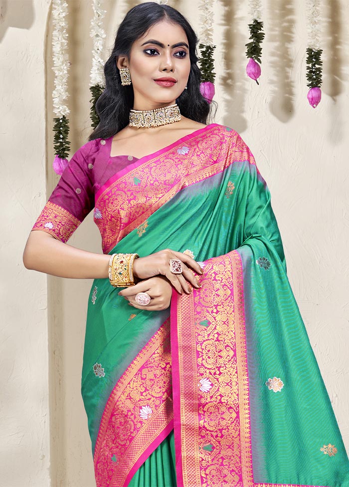 Teal Green Dupion Silk Saree With Blouse Piece Get Authentic For Sale