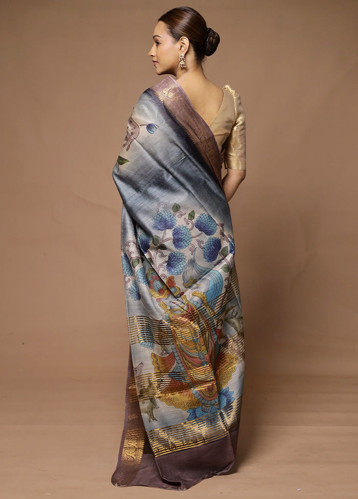 Grey Tussar Silk Saree With Blouse Piece Sale Reliable