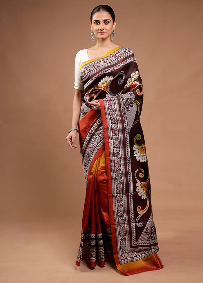 Brown Printed Pure Silk Saree Without Blouse Piece Cheap Footlocker