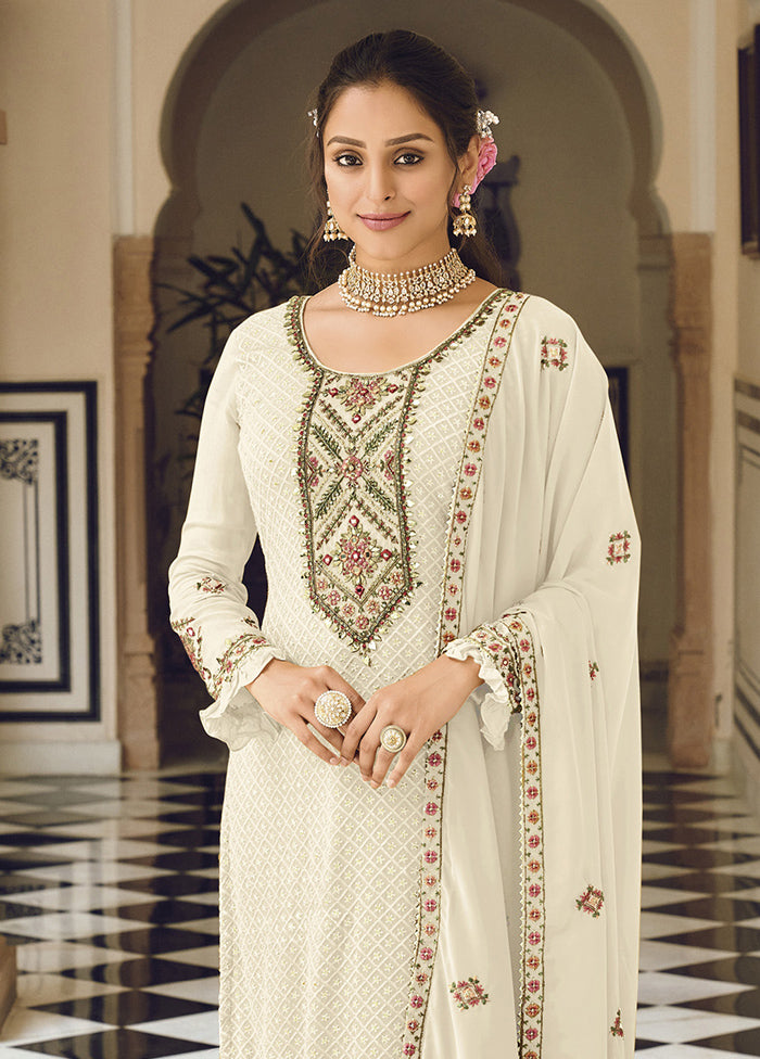 3 Pc Cream Semi Stitched Georgette Suit Set Choice Online