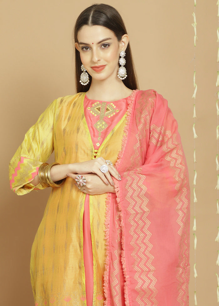 3 Pc Yellow Unstitched Chanderi Suit Set Classic Cheap Pice