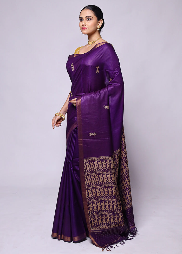 Purple Handloom Tussar Pure Silk Saree With Blouse Piece Sale New Styles