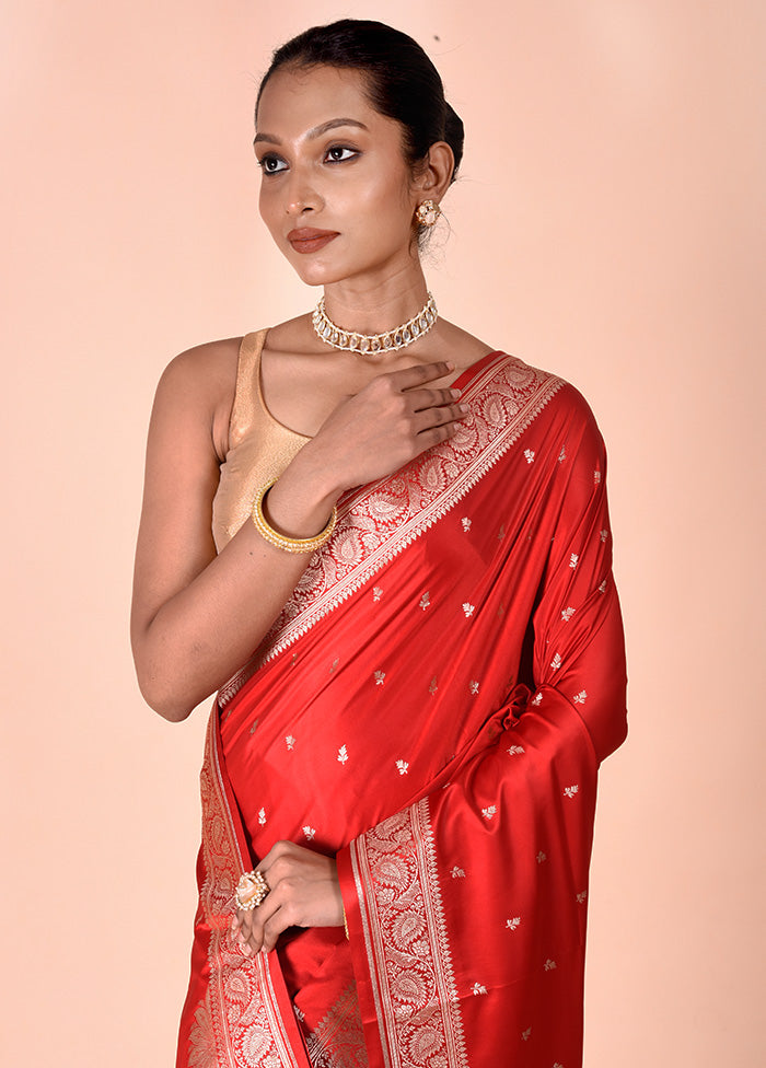 Red Banarasi Silk Saree With Blouse Piece Top Quality Cheap Pice