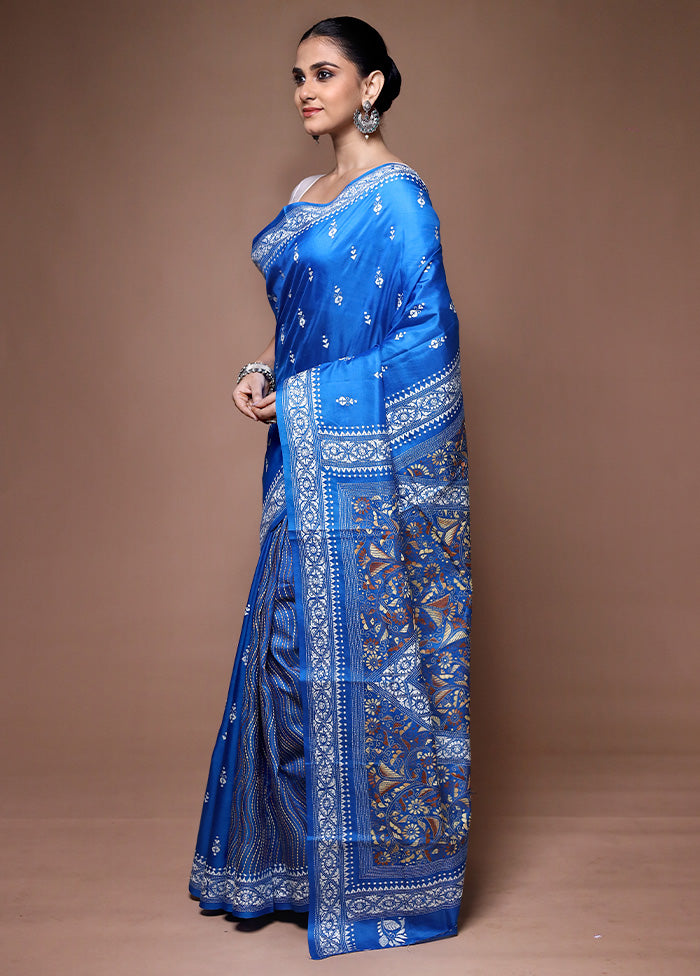 Blue Handloom Kantha Stitch Pure Silk Saree With Blouse Piece Discount How Much