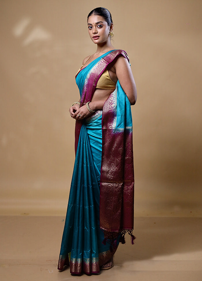 Blue Dupion Silk Saree With Blouse Piece Outlet Store For Sale