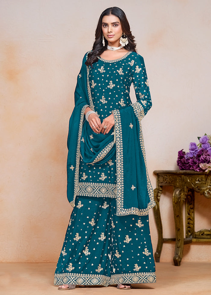 3 Pc Teal Semi Stitched Silk Suit Set Cheap Sale The Cheapest