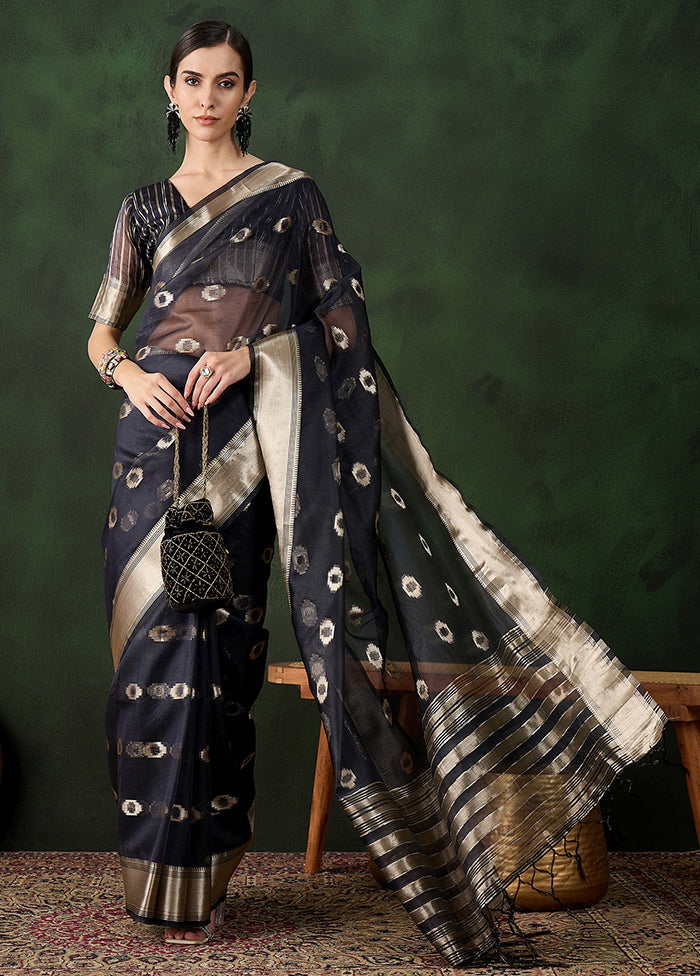 Navy Blue Organza Saree With Blouse Piece Finishline Cheap Online