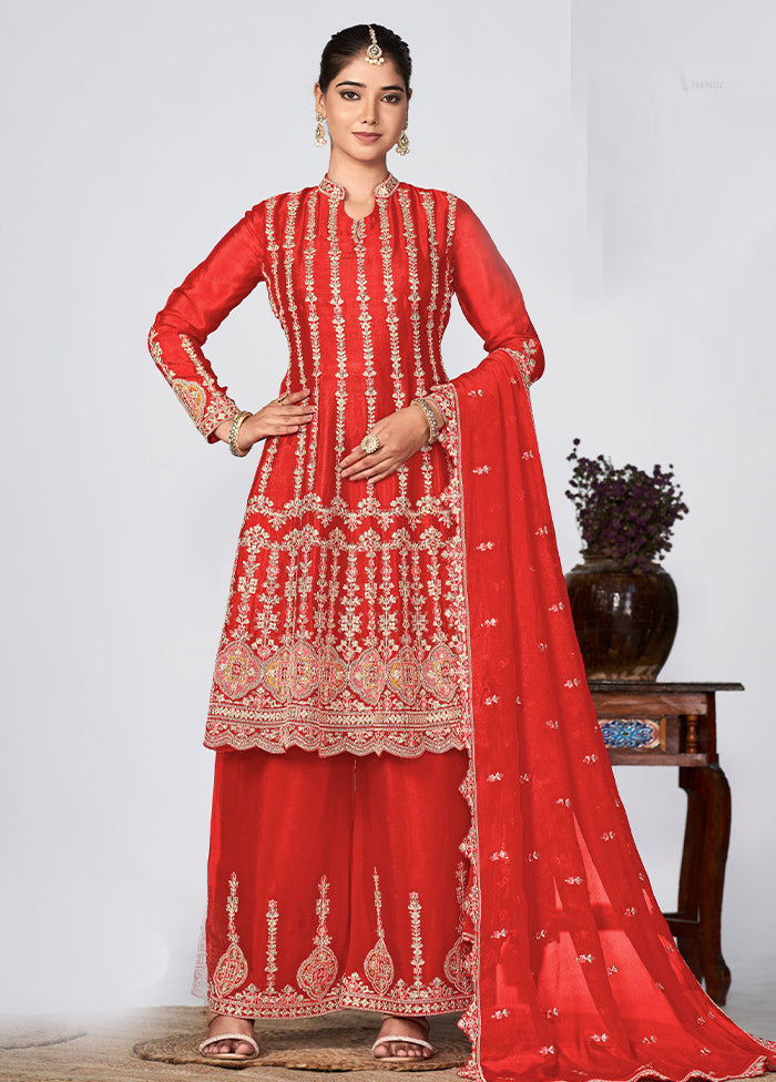 3 Pc Red Semi Stitched Silk Suit Set Sale Genuine