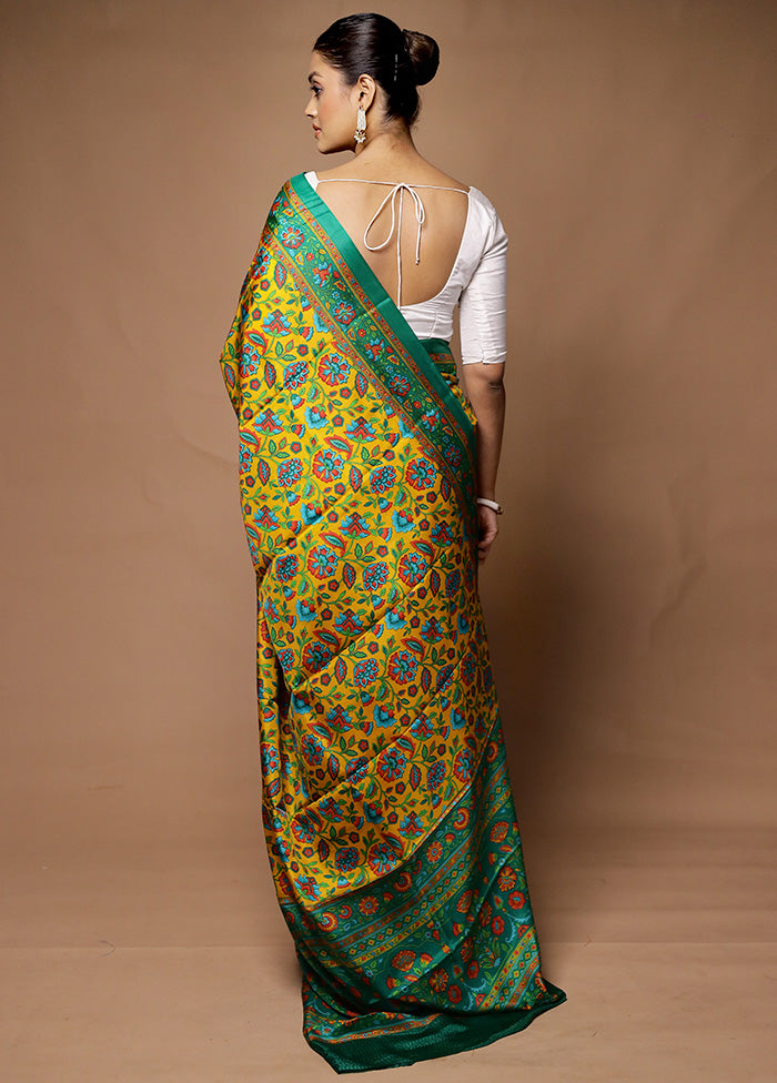 Yellow Printed Pure Silk Saree Without Blouse Piece Huge Surprise For Sale