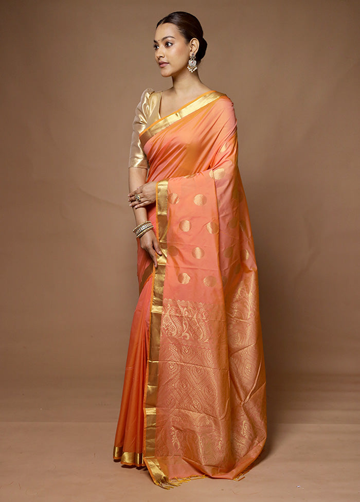 Peach Kanjivaram Silk Saree With Blouse Piece Sale Genuine