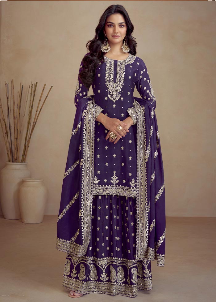 3 Pc Purple Semi Stitched Silk Suit Set Cheap Best Store To Get