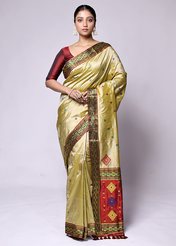 Golden Handloom Assam Pure Silk Saree With Blouse Piece Classic