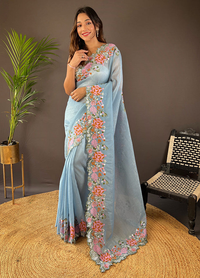 Sky Blue Spun Silk Saree With Blouse Piece Clearance Official