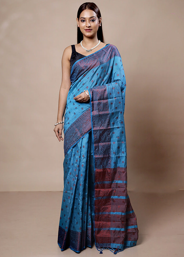 Blue Dupion Silk Saree With Blouse Piece Clearance Find Great