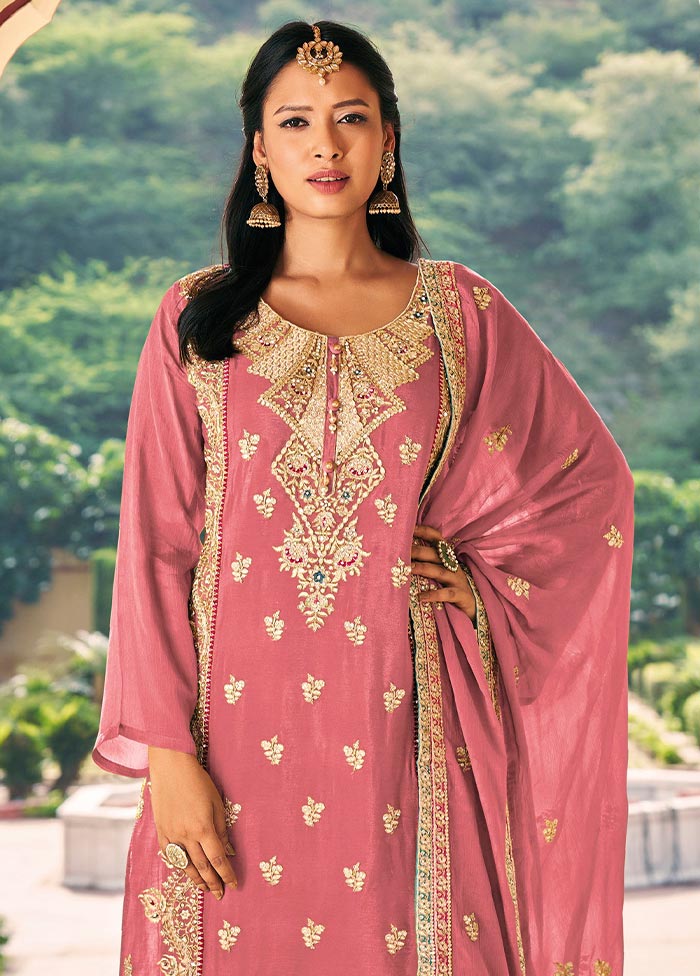 3 Pc Pink Semi Stitched Silk Suit Set 100% Authentic For Sale