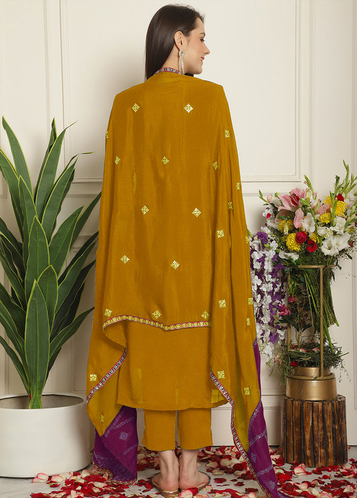 3 Pc Mustard Unstitched Silk Suit Set Cheap With Credit Card