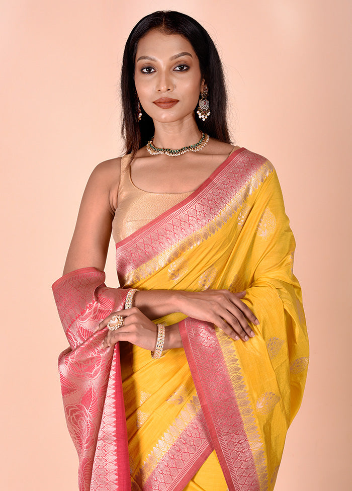 Yellow Dupion Silk Saree With Blouse Piece Clearance Order