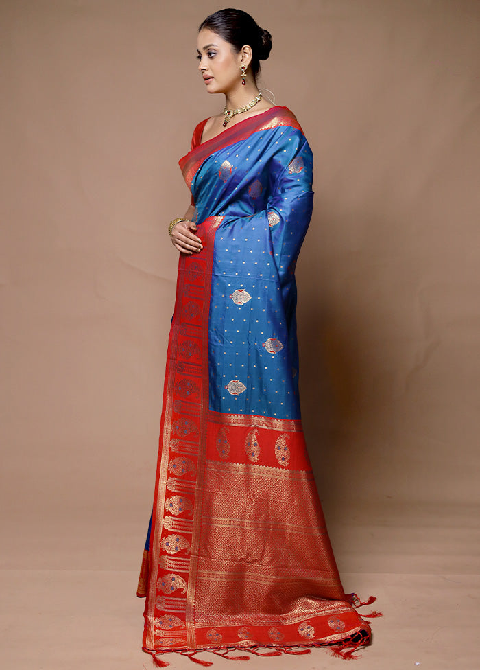 Blue Dupion Silk Saree With Blouse Piece Brand New Unisex Cheap Online