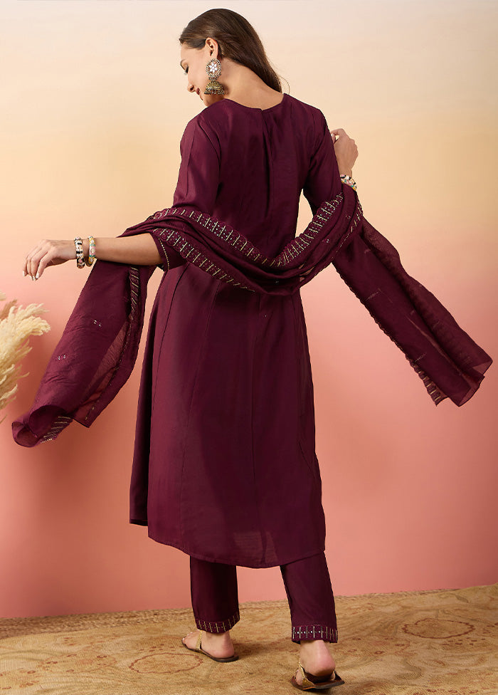 3 Pc Maroon Pure Readymade Silk Suit Set Sale Tumblr