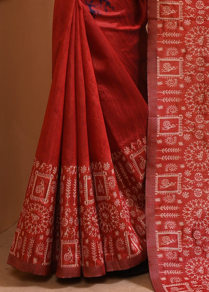 Red Spun Silk Saree With Blouse Piece Clearance For Nice