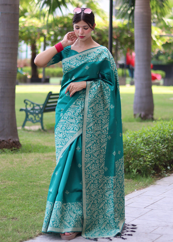 Rama Spun Silk Saree With Blouse Piece Cheap Fashionable