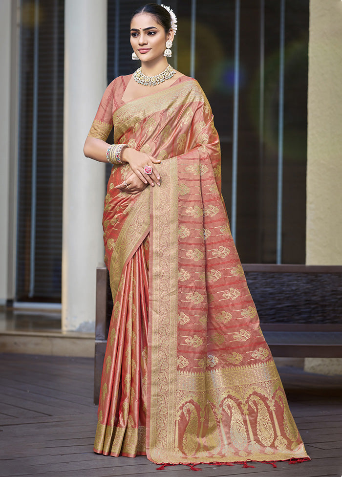 Peach Satin Silk Saree With Blouse Piece Free Shipping 2025 Unisex