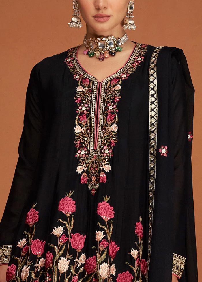 3 Pc Black Semi Stitched Georgette Suit Set Perfect Sale Online