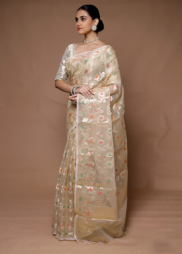 Cream Organza Saree With Blouse Piece Cheap Sale Collections