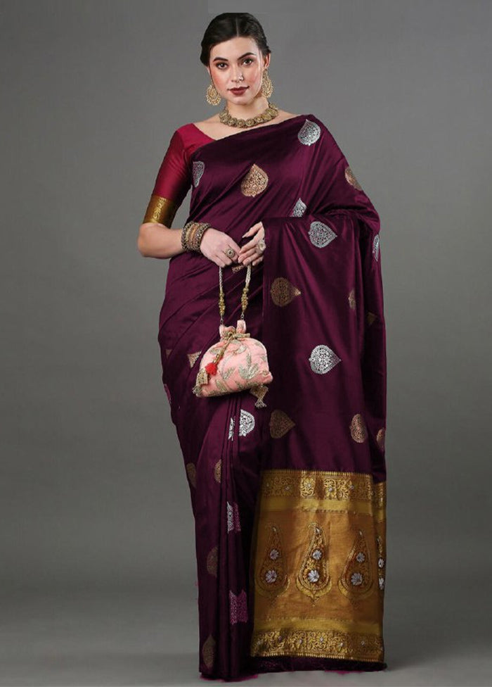 Wine Banarasi Silk Saree With Blouse Piece Free Shipping Original