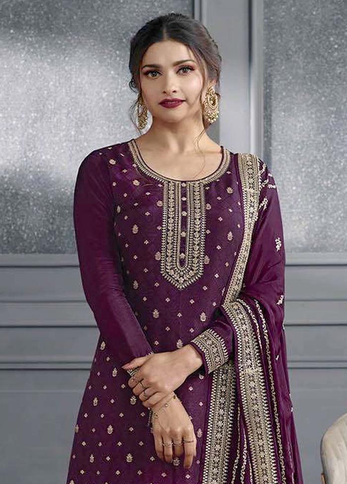 3 Pc Wine Semi Stitched Silk Suit Set Online Online Original