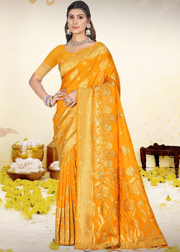 Yellow Spun Silk Saree With Blouse Piece Collections For Sale