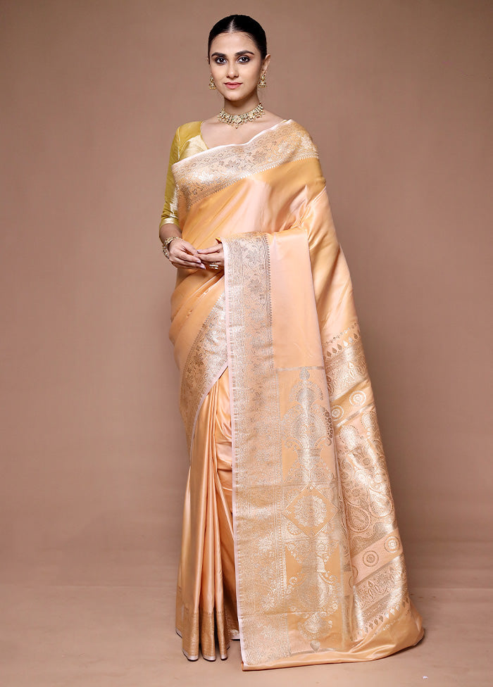 Peach Banarasi Silk Saree With Blouse Piece Sale Cheap Pice