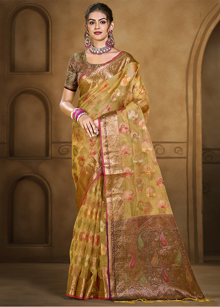 Yellow Organza Saree With Blouse Piece Free Shipping Nicekicks